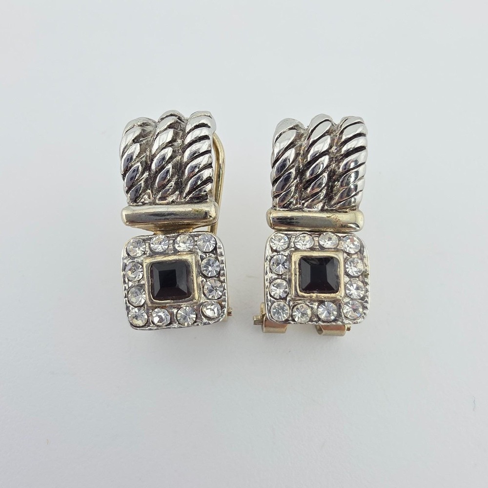 Vtg Retro Drop Earrings Square Black & Clear Crystals Twisted Rope Silver Tone